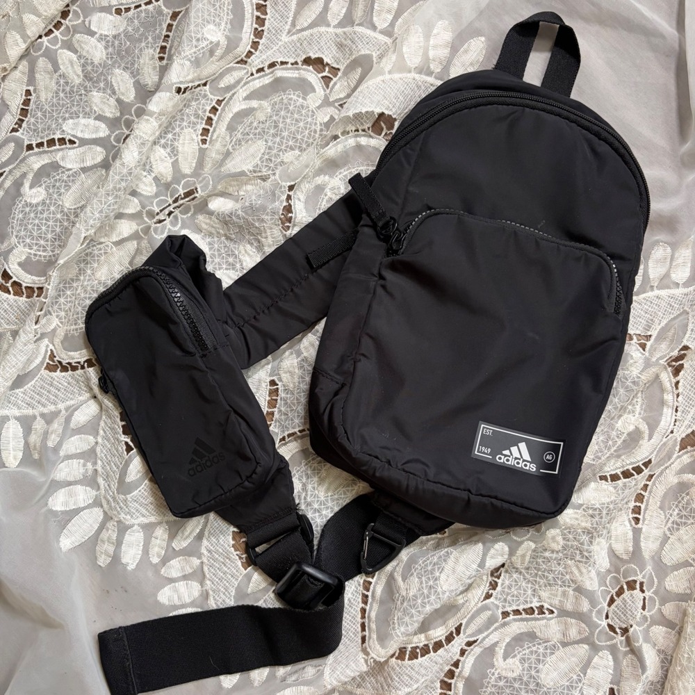 Adidas Black Crossbody Sling Bag with Detachable Pouch Recycled Polyester A6